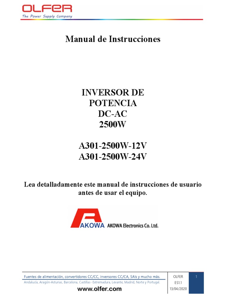 Manual de instrucciones para el inversor de potencia DC-AC 2500W A301 ...