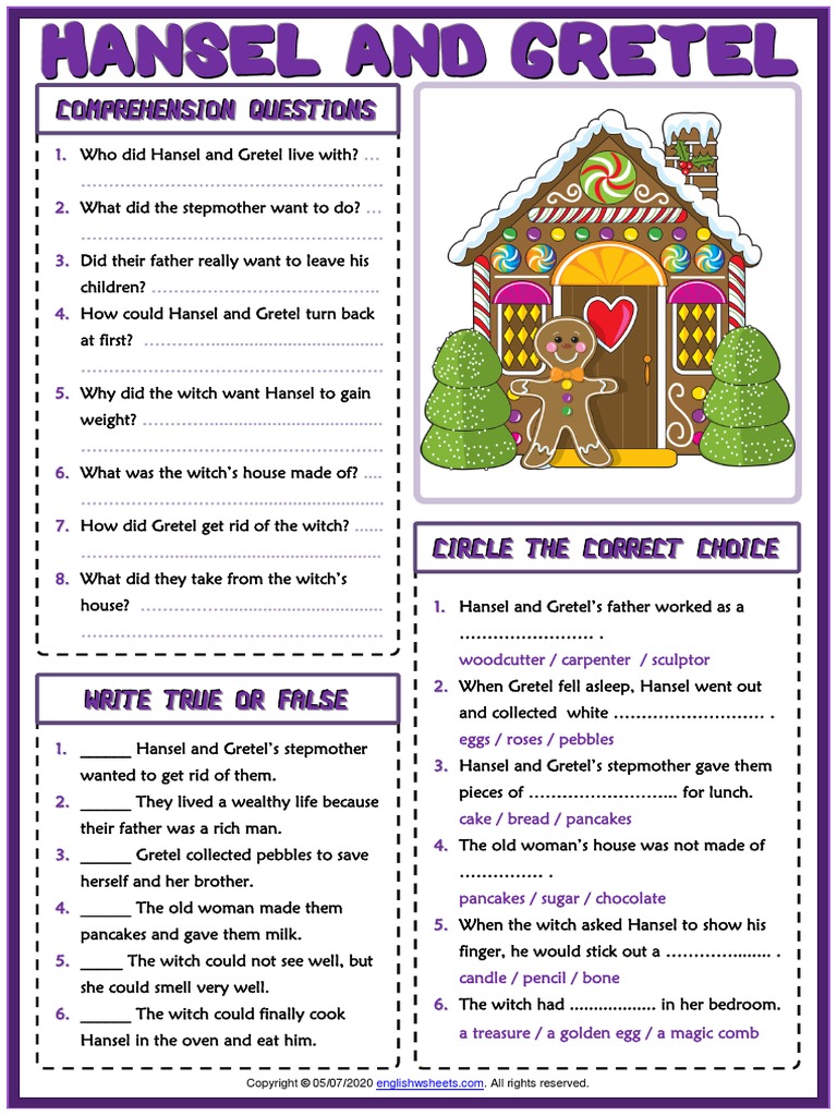 Hansel and Gretel Esl Printable Reading Comprehension Questions ...