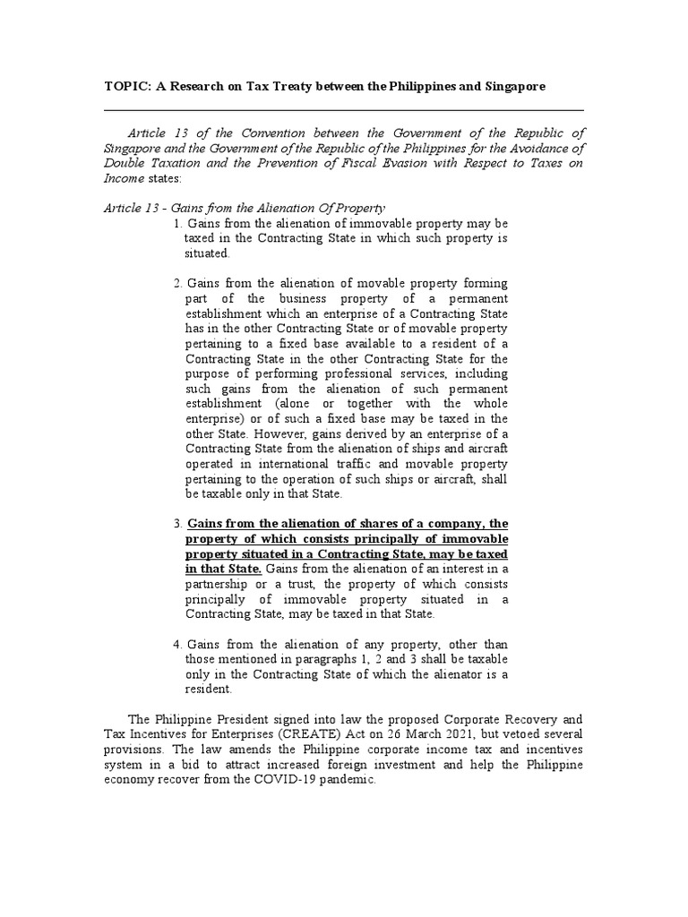 Tax Treaty Between SG and PH PDF Tax Treaty Taxes