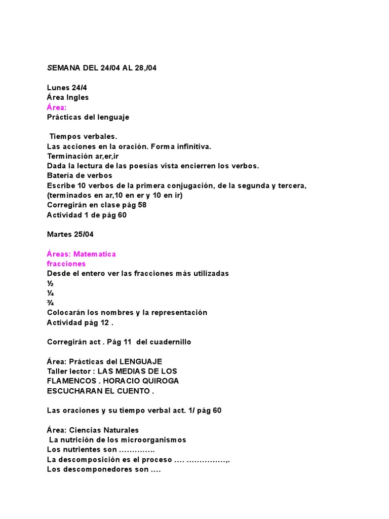 Plan de Clases del 24 al 28 de Abril | PDF
