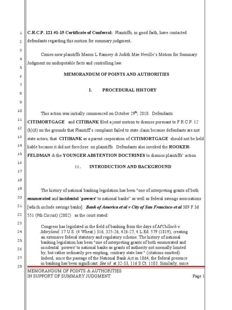 Plaintiffs' Memorandum of Points and Authorities in Support of Summary