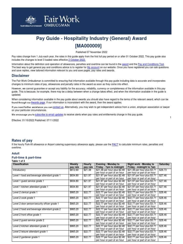 Pay Guide Hospitality Industry (General) Award (MA000009) Disclaimer PDF Overtime
