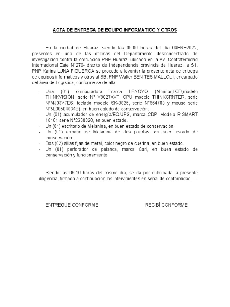 Acta de Entrega de Equipo Informatico y Otros | PDF