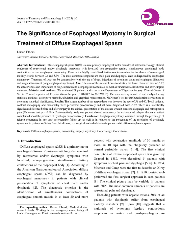 Esophageal Myotomy for Diffuse Spasm Treatment | PDF | Esophagus ...