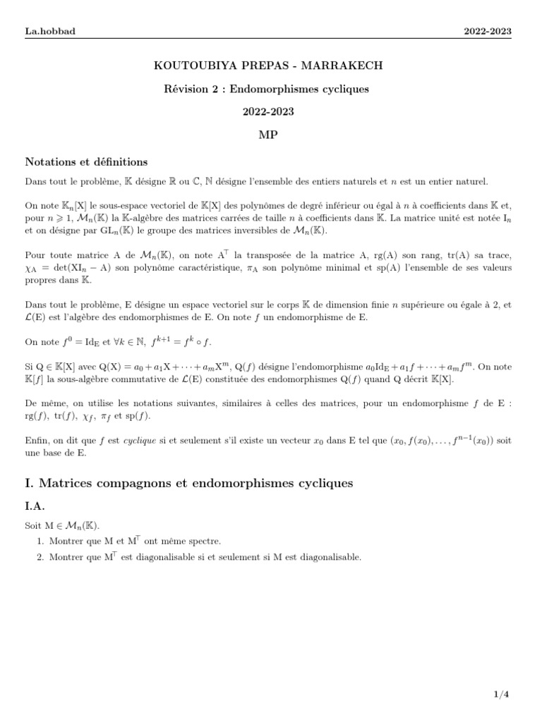 Matrices compagnons et endomorphismes | PDF | Valeur propre, vecteur ...