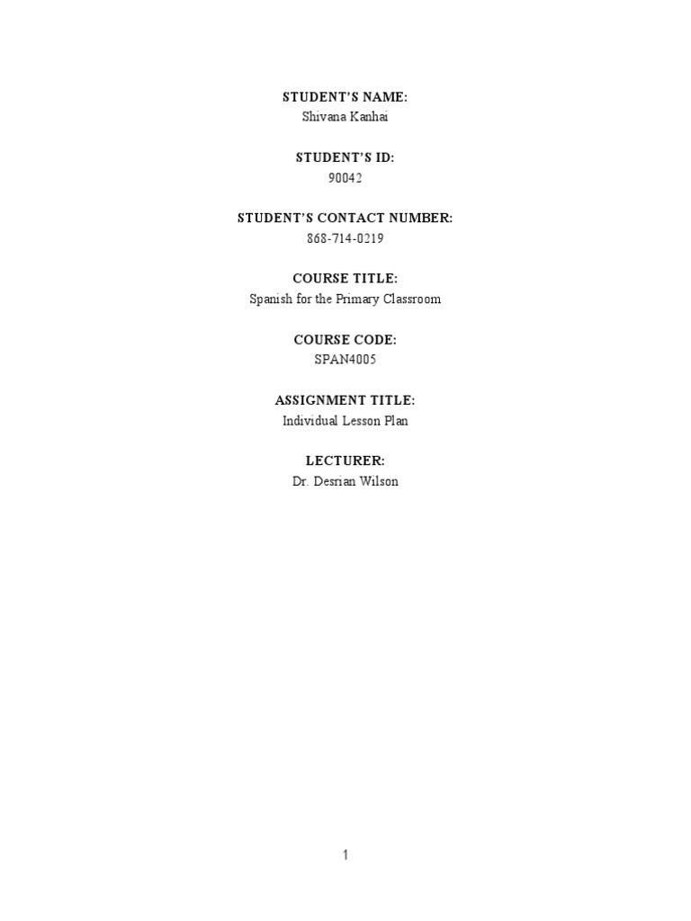 Individual SpanisH Lesson Plan PDF Teachers Reading Comprehension