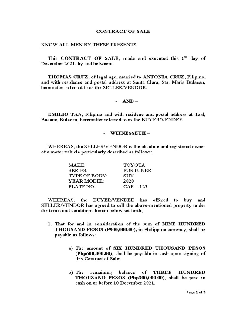 Motor Vehicle Sale Contract: Toyota Fortuner | PDF | Private Law ...