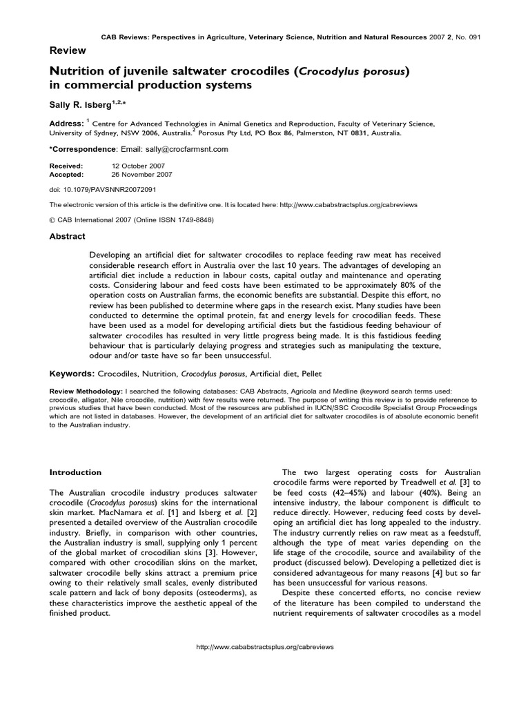 Nutrition of juvenile saltwater crocodiles crocodylus porosus pdf