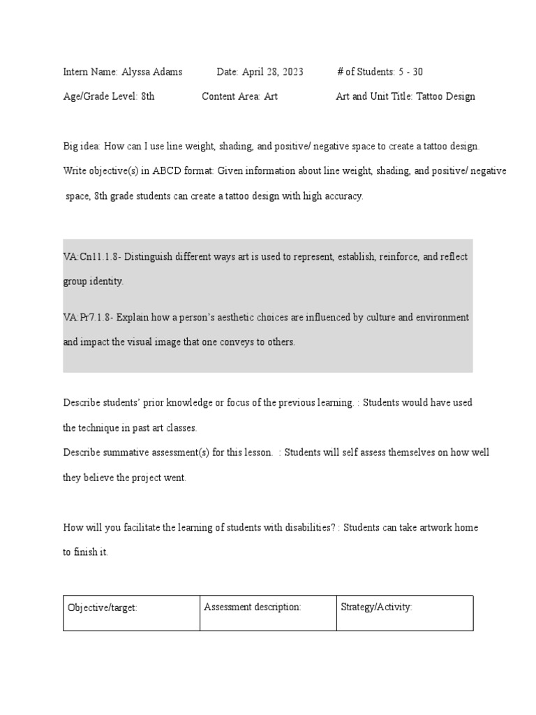 Tattoo Lesson Plan PDF Learning Information