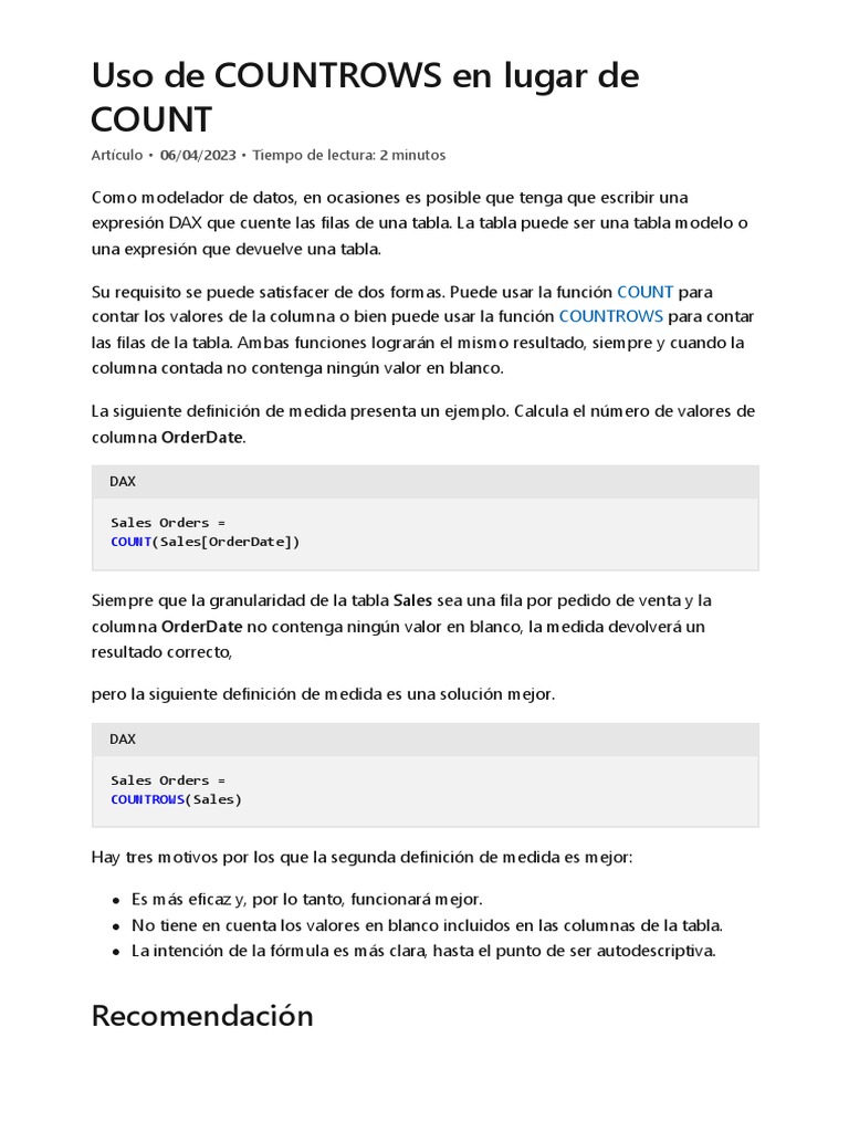 Uso de COUNTROWS en DAX para Power BI | PDF