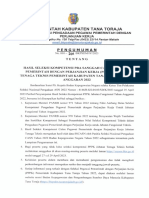 Pengumuman Hasil Seleksi Kompetensi Pra Sanggah PPPK Teknis Pemkab. Tana Toraja T.A. 2022