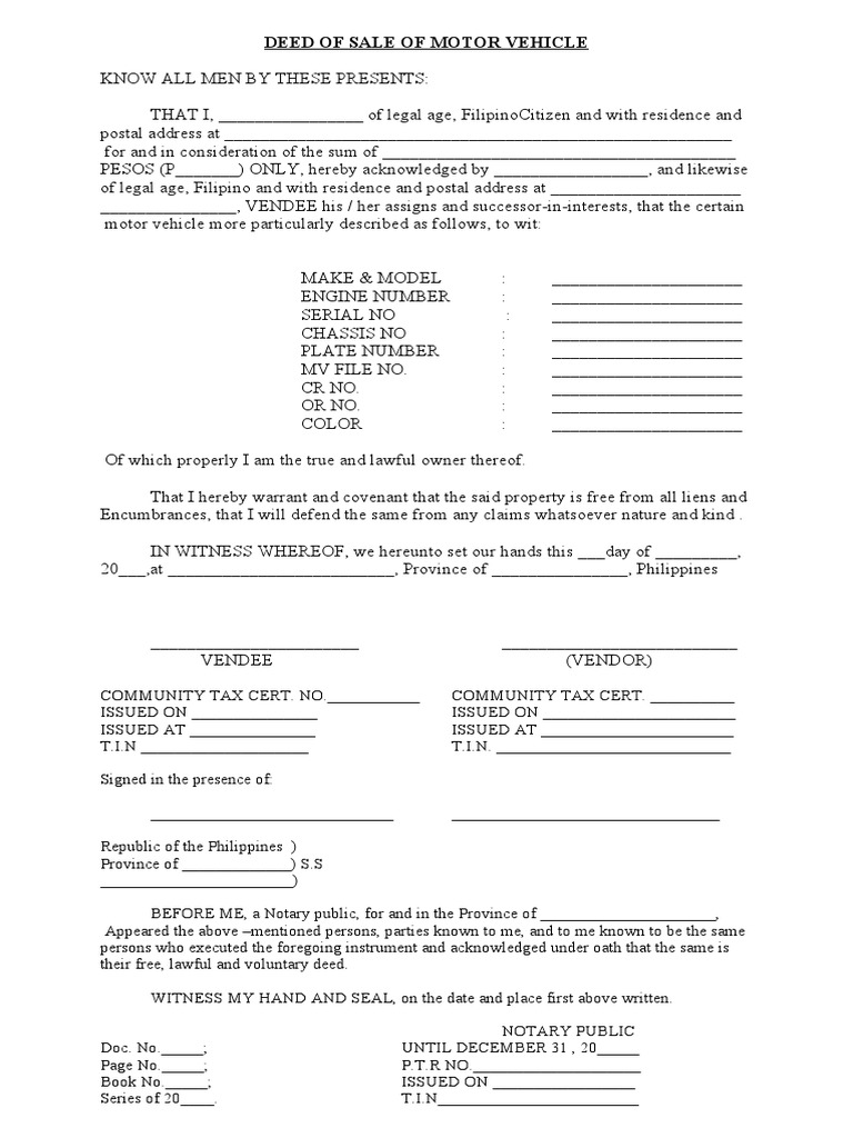 Motor Vehicle Deed of Sale Form | PDF | Civil Law (Legal System) | Justice