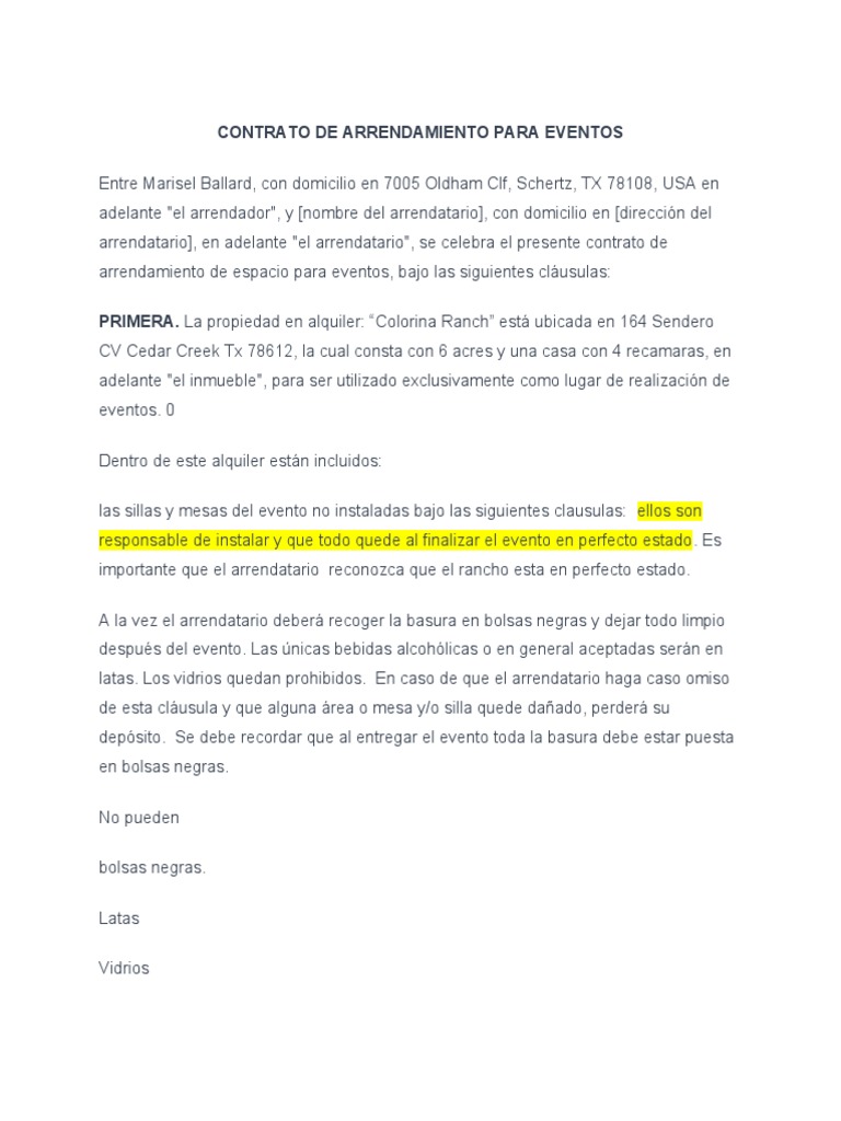 CONTRATO DE ARRENDAMIENTO PARA EVENTOS 100 personas | PDF | Arbitraje