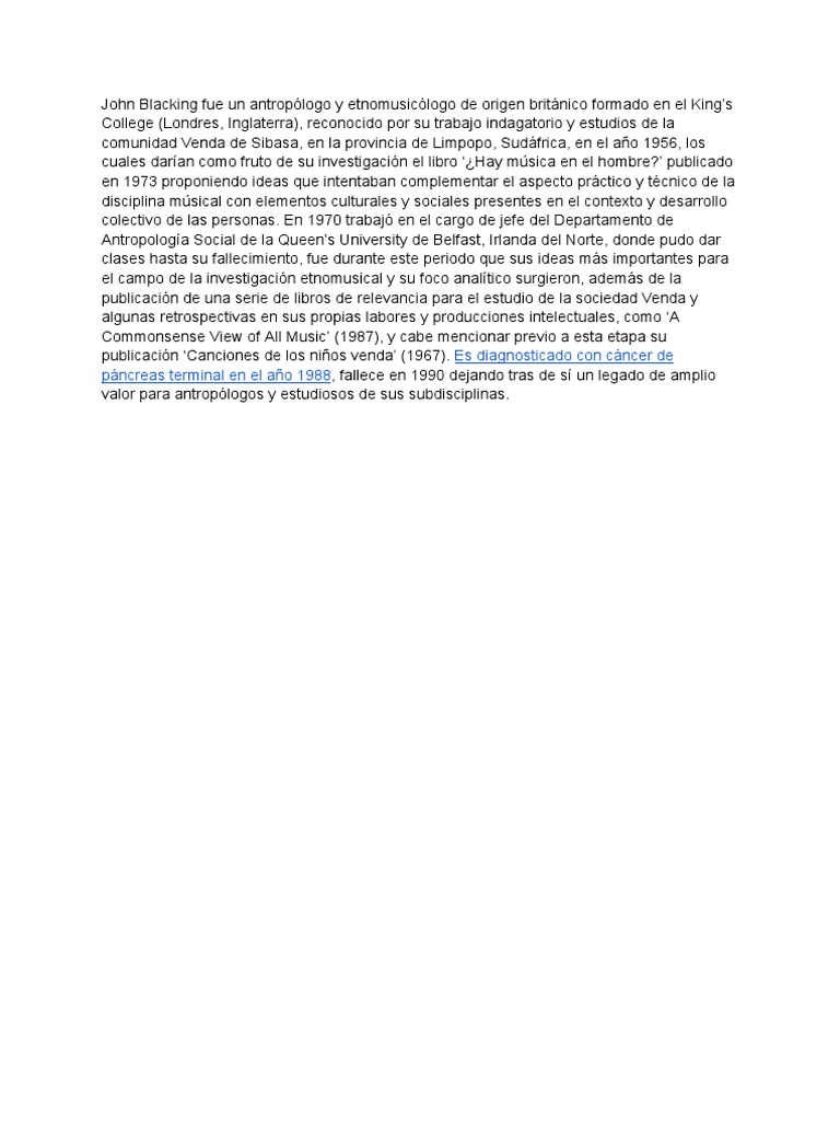 Legado de John Blacking en Etnomusicología | PDF | Ciencias sociales