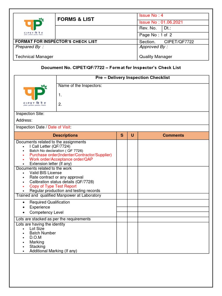 Pre-Delivery Inspection Checklist Format | PDF