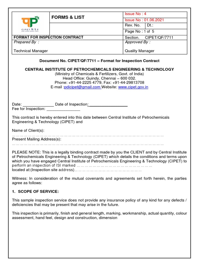 Inspection Contract Format CIPET/QF/7711 | PDF | Indemnity | Business