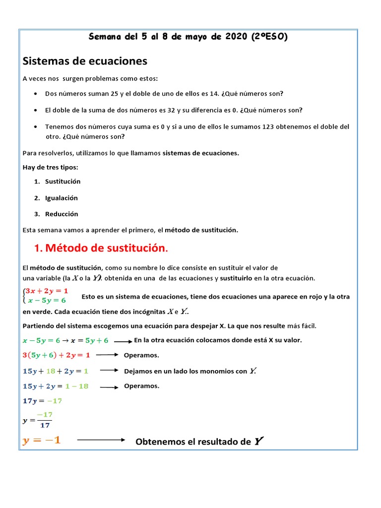 Ejercicios De Ecuaciones 2x2: Método De Sustitución Para Resolverlas