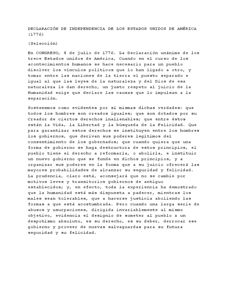 Declaracion de Independencia de Los Estados Unidos 1776 | PDF