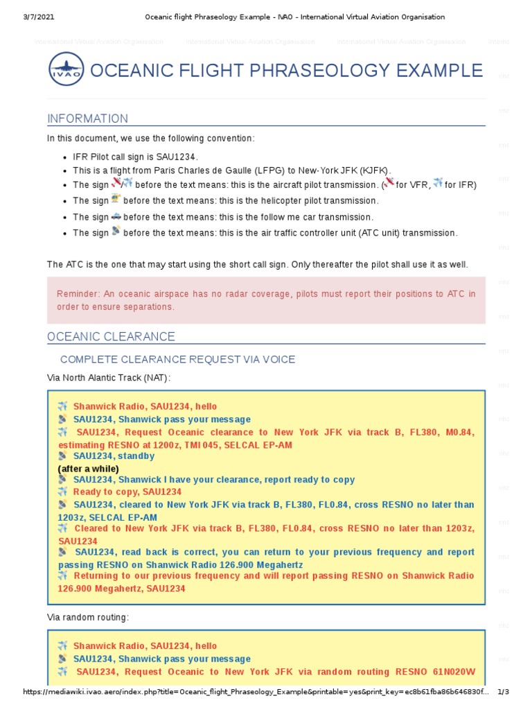 Oceanic Flight Phraseology Example PDF Instrument Flight Rules