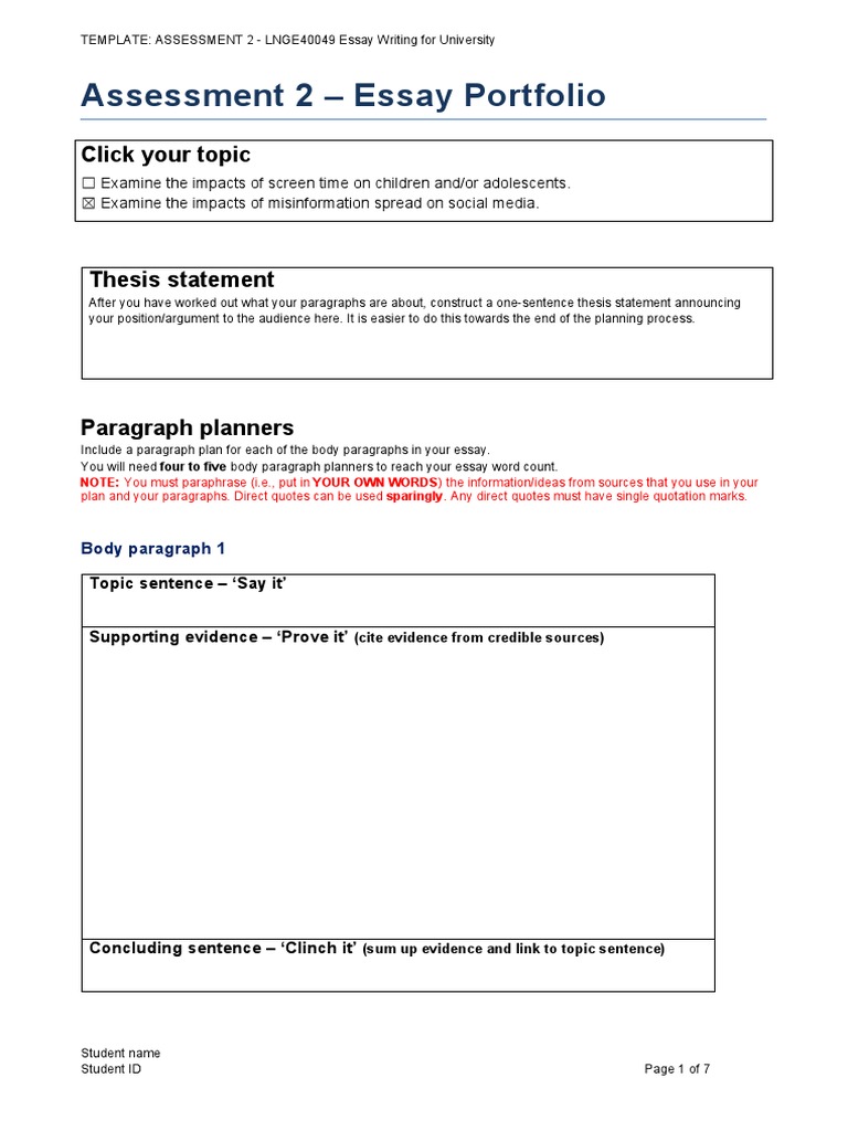 Assessment 2 Template - Essay Portfolio | PDF | Essays | Paragraph