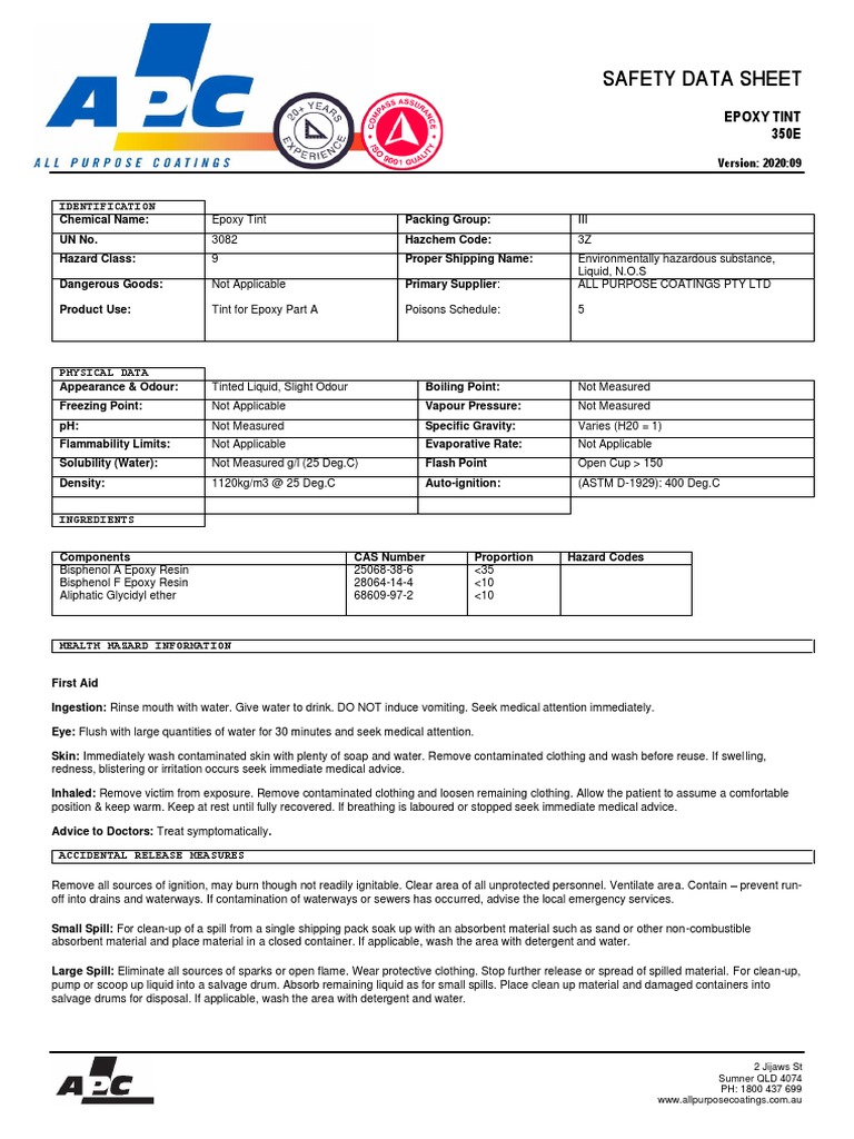 SDS 350E Epoxy Tint 2020 09 PDF Combustion Dangerous Goods