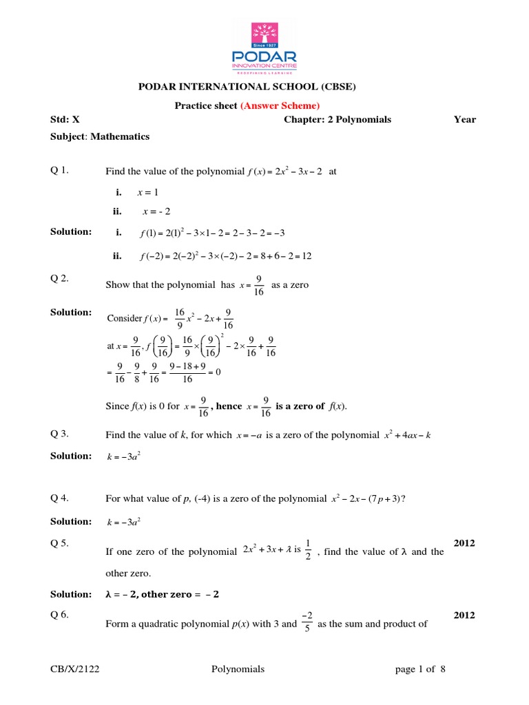 AS - PS - CBSE - X - Math - 2. Polynomials | PDF | Polynomial | Zero Of ...