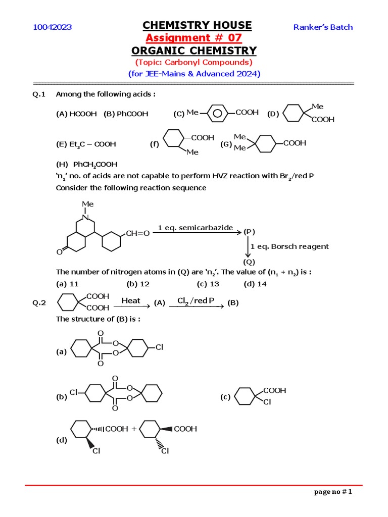 Assignment 07 ON CARBONYL COMPOUNDS | PDF | Carboxylic Acid | Chlorine