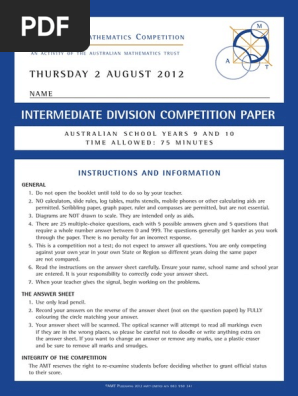 2012 Australian Mathematics Competition AMC Intermediate Years 9 and 10