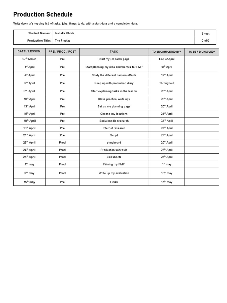 Production Schedule Blank PDF