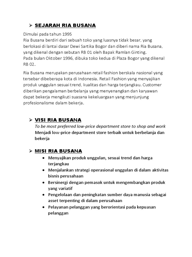 Sejarah dan Visi Misi Ria Busana | PDF