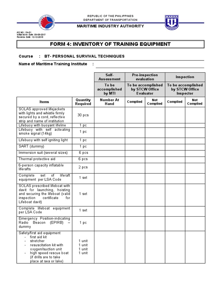 Liferaft Equipment Inventory Checklist | PDF | Equipment | Rescue