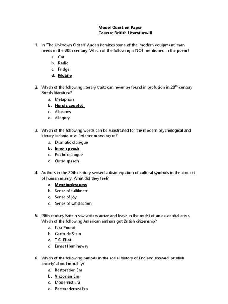 British literature exam multiple choice questions on works by auden