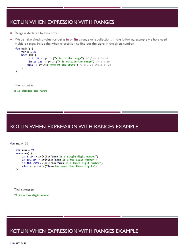 Kotlin When Expression With Ranges: in !in | PDF