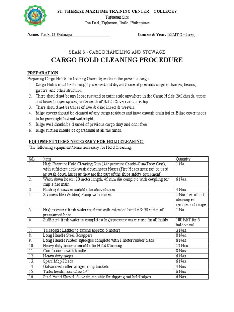 GALARAGA, Yaoki BSMT 2Irreg SEAM3 Cargo Hold Cleaning Procedure