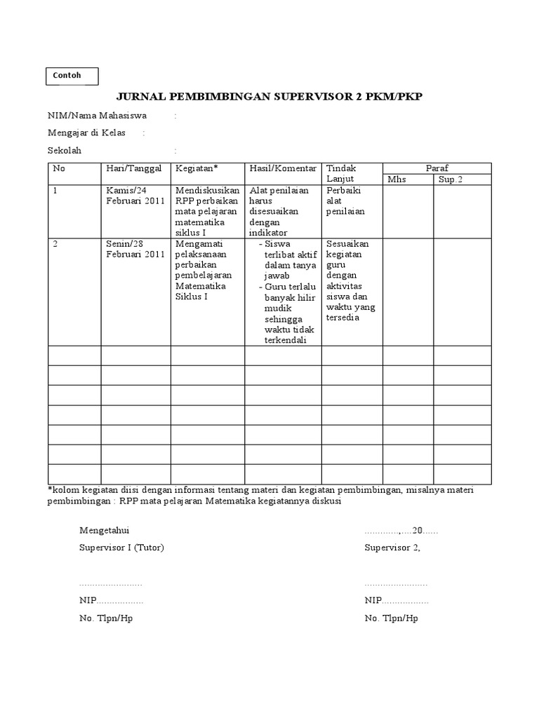 Jurnal Pembimbingan Supervisor 2 PKP Dan PKM | PDF