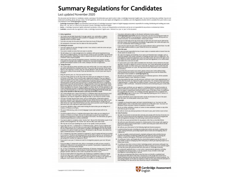 Cambridge Assessment English Summary Regulations For Candidates