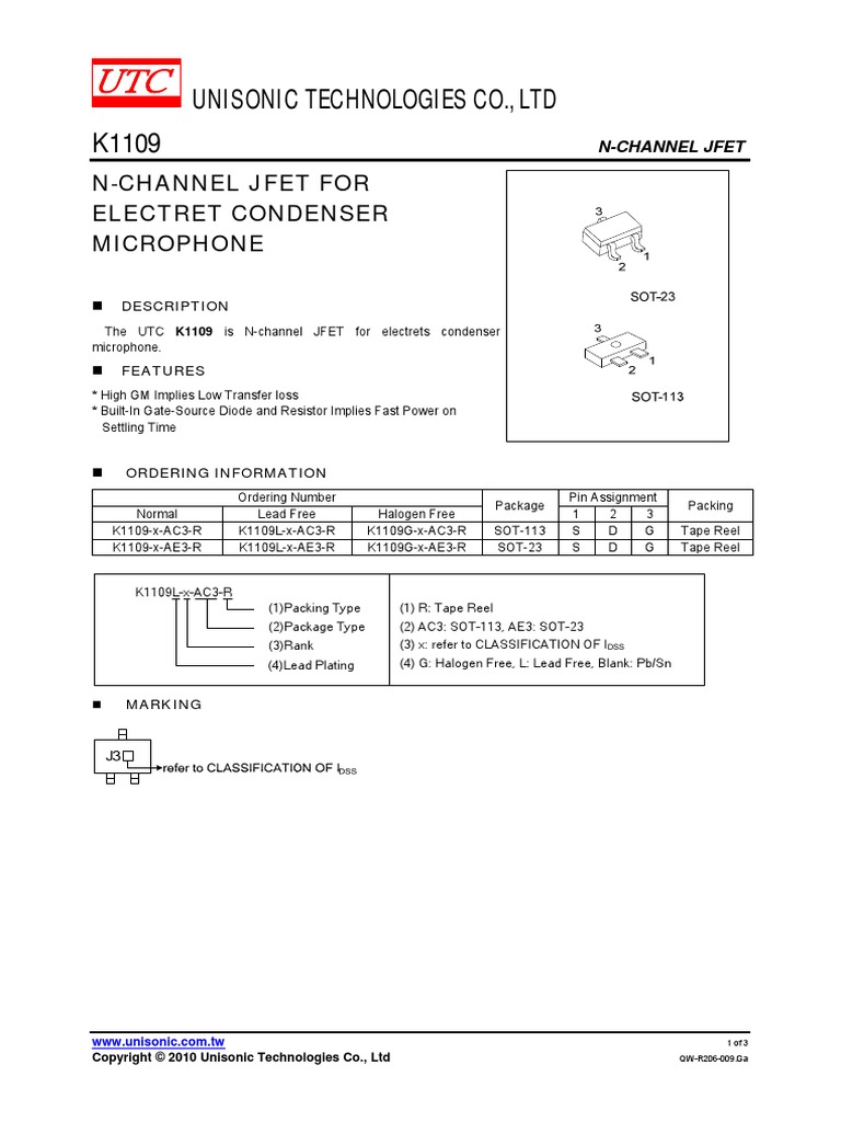 Unisonic Technologies Co., LTD NChannel Jfet For Electret Condenser