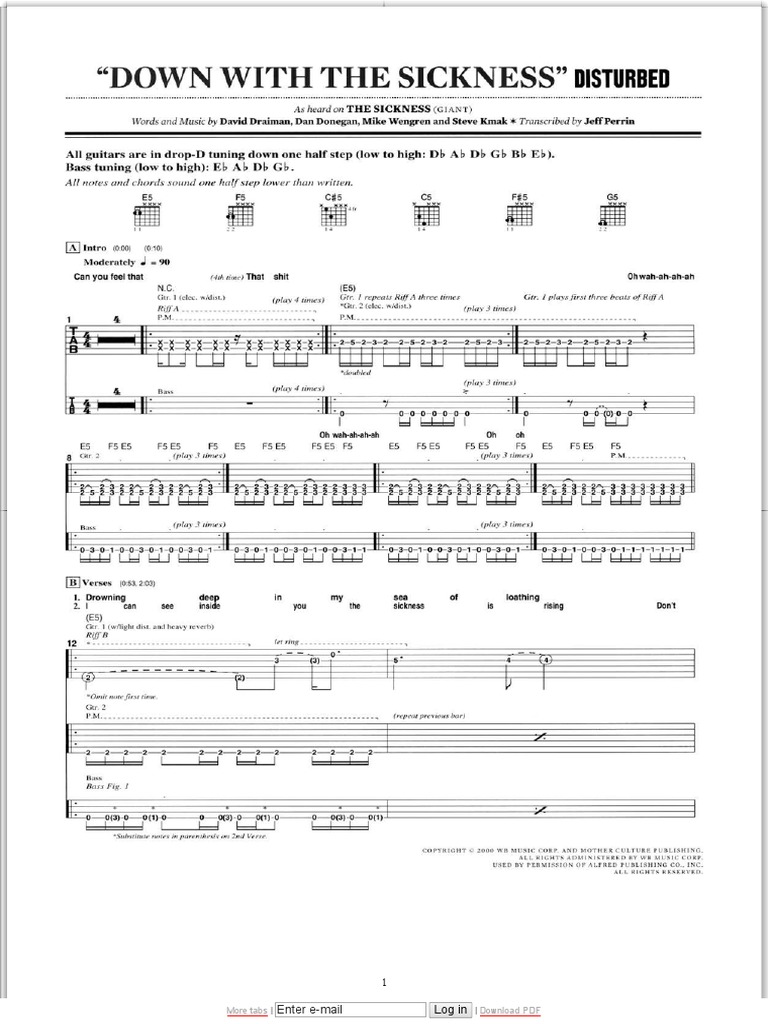 Down With The Sickness Disturbed Guitar & Bass Tablature PDF PDF