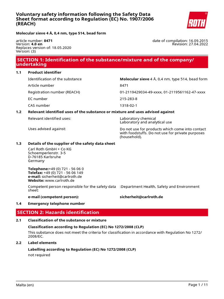 Safety Data Sheet for Molecular Sieve 4 Å, 0.4 nm, Type 514, Bead Form