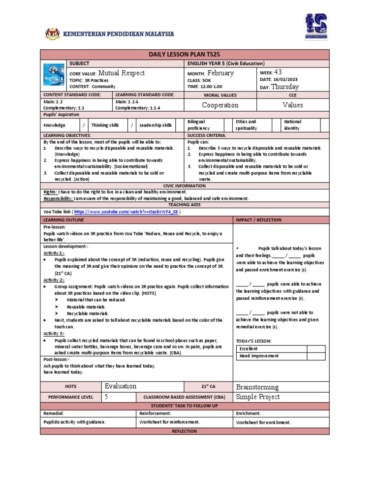 3R Practices Lesson Plan for Year 5 | PDF | Lesson Plan | Reuse