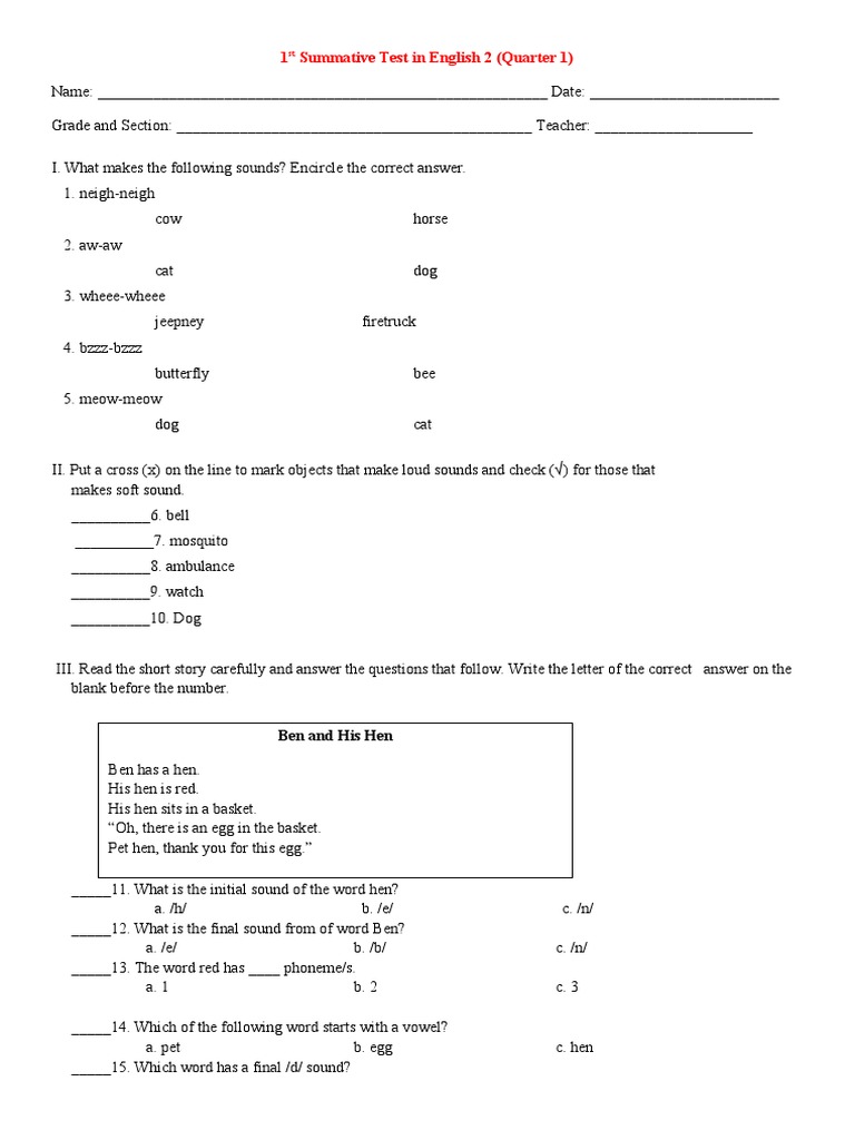 1st Summative Test in English 2 (Quarter 1) and 1st Summative Test in ...