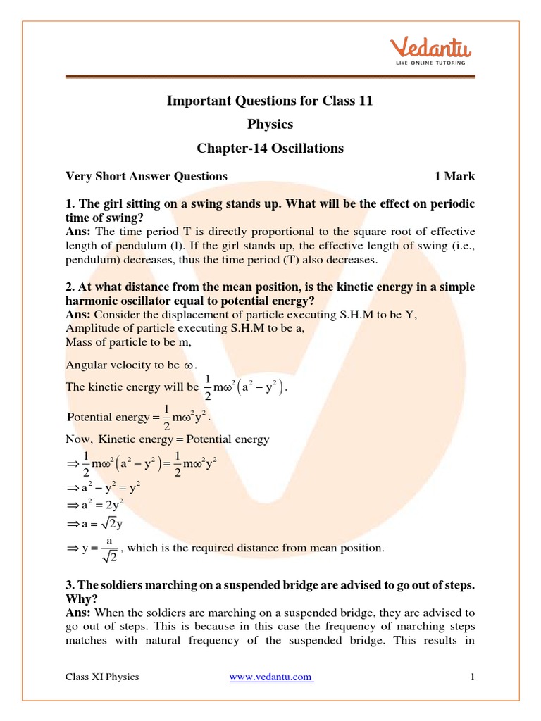 Important Questions For Class 11 Physics Chapter14 Oscillations PDF