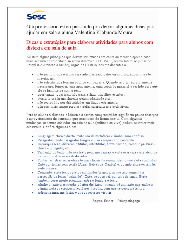 Dislexia - Dicas de Sala de Aula | PDF | Artes Linguísticas e Disciplina