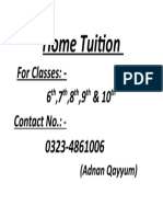 Home Tuition: For Classes: - 6 7 8, 9 & 10 Contact No.