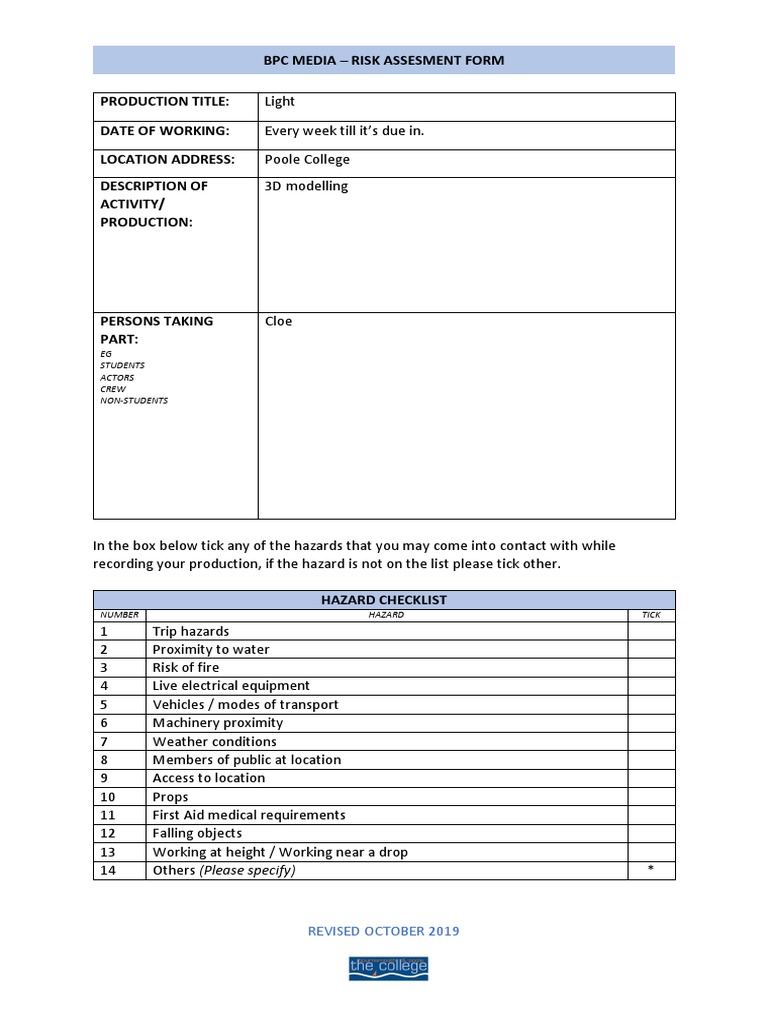 BPC Media Risk Assessment Form | PDF | Risk Assessment | Risk