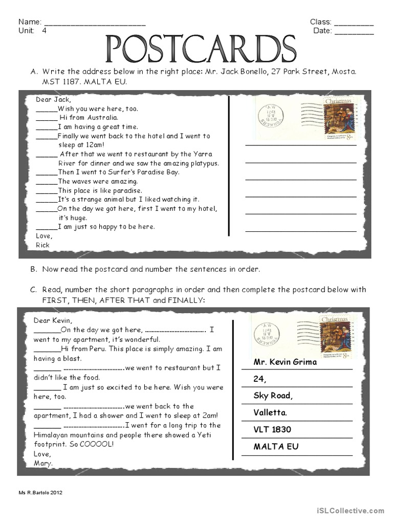 Postcard Writing Exercise PDF