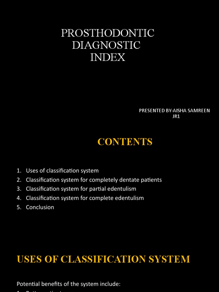 Prosthodontic Diagnostic Index Overview | PDF | Dentures | Tooth