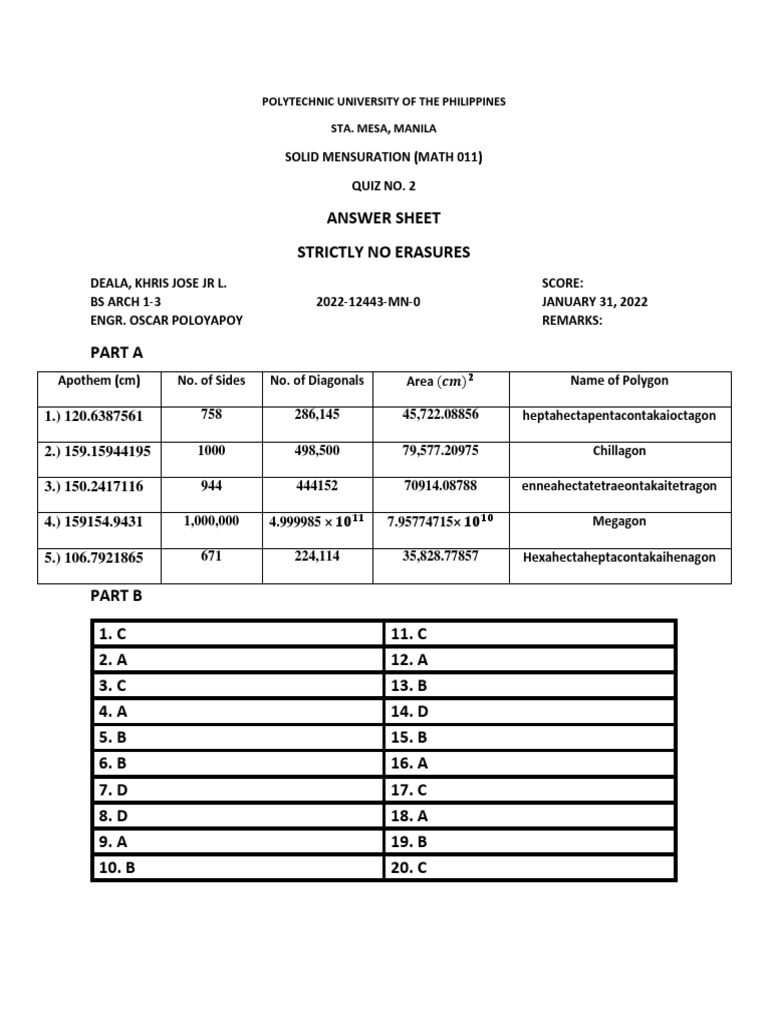 Solid Mensuration Quiz Key | PDF