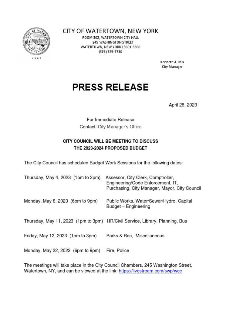 Watertown City Council Budget Work Sessions 2023 PDF