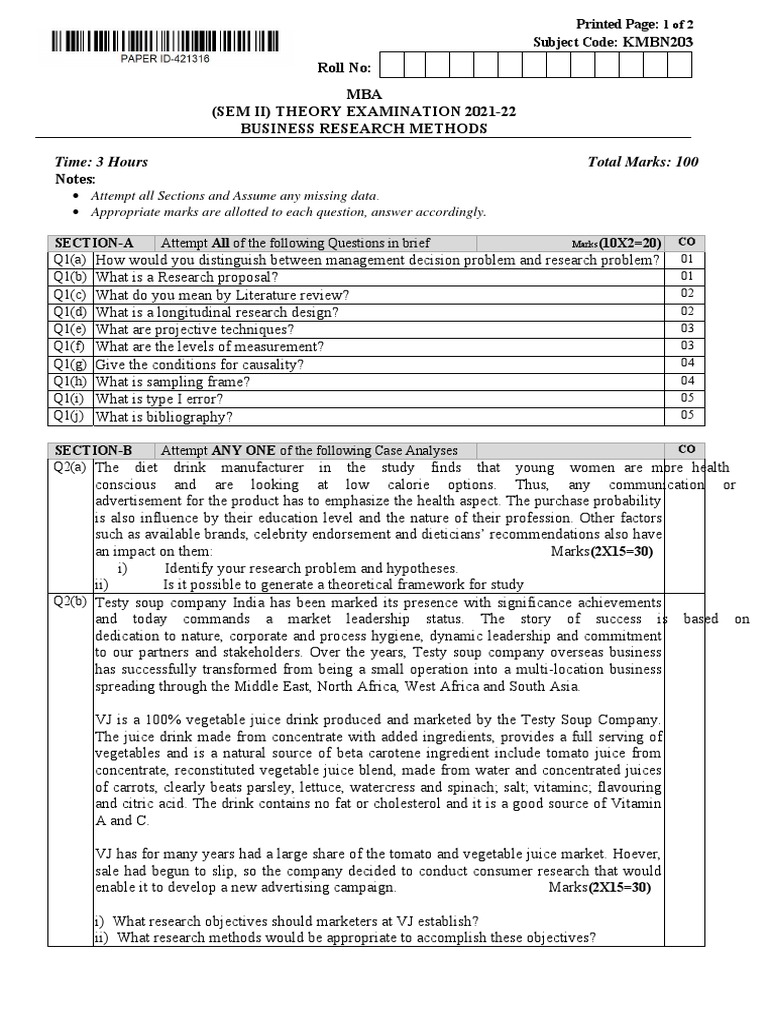 Time 3 Hours Total Marks 100 KMBN203 Roll No MBA (Sem Ii) Theory